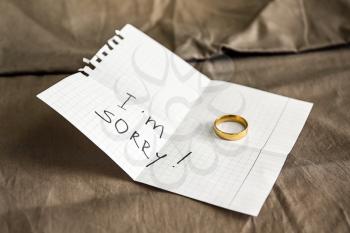 Paper sheet with text I'M SORRY and ring on cloth. Concept of divorce�