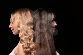 Young women with beautiful hair on dark background�