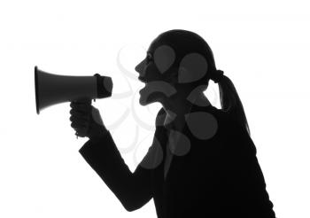 Silhouette of beautiful businesswoman with megaphone on white background�