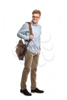 Handsome man with stylish briefcase on white background�