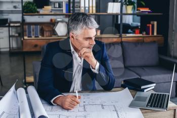 Mature architect working with drawings in office�