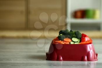Pet bowl with fresh vegetables on floor�