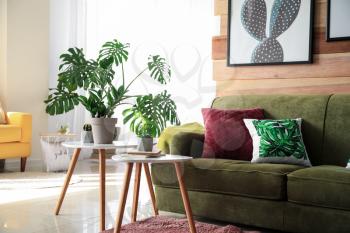 Soft couch with green plants in interior of living room�