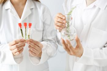 Doctors holding test tubes and flask with plants on white background�
