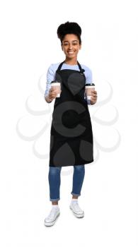 African-American barista on white background�