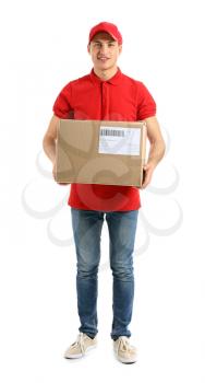 Delivery man with box on white background�