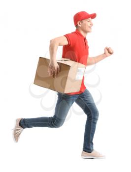 Running delivery man with box on white background�