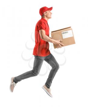 Running delivery man with box on white background�