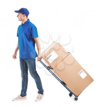 Delivery man with boxes on white background�