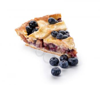 Piece of tasty blueberry pie on white background�