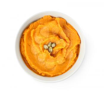 Bowl with mashed sweet potato on white background�