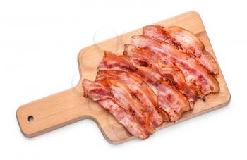 Board with fried bacon on white background�