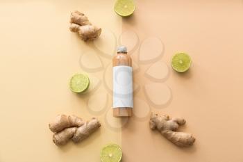 Bottle of shampoo, ginger and lime on color background�