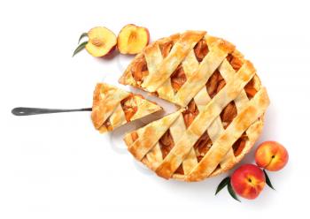 Tasty peach pie on white background�