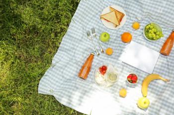 Tasty food and drink for romantic picnic in park�