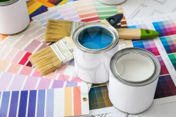 Cans of paint with brushes and palette samples�