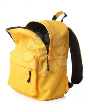 Empty open school backpack on white background�