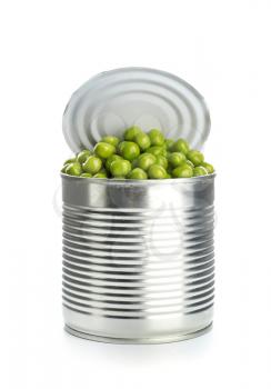 Tin can with peas on white background�