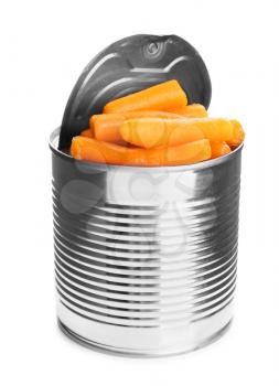 Tin can with baby carrots on white background�