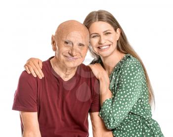 Elderly man with daughter on white background�