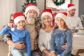 Happy grandparents with little children during Christmas party at home�