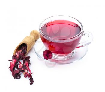 Cup of hot hibiscus tea on white background�