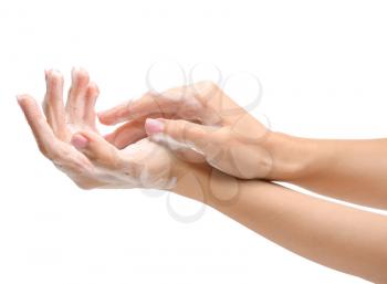 Female hands with soap on white background�