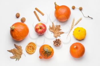 Autumn composition with pumpkins on white background�