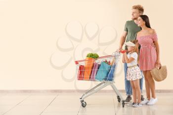 Family with shopping cart near light wall�