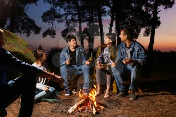 Young friends spending weekend in forest at night�
