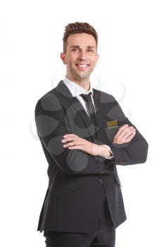Portrait of hotel receptionist on white background�
