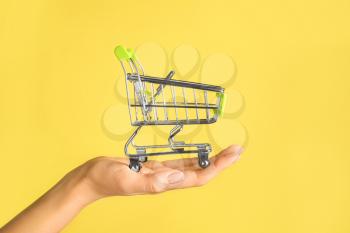 Female hand with empty small shopping cart on color background�