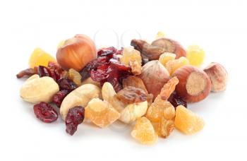 Different dried fruits and nuts on white background�