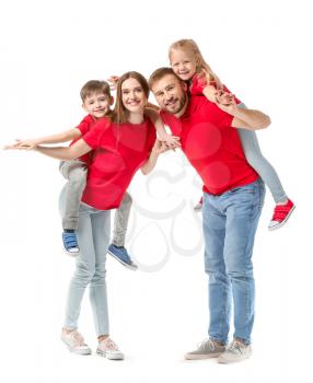 Portrait of happy family on white background�