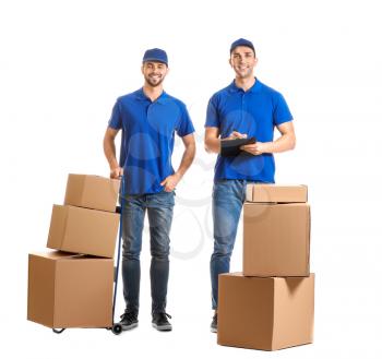 Delivery men with boxes on white background�