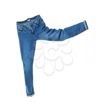 Flying jeans pants on white background�
