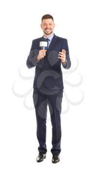 Male journalist with microphone on white background�