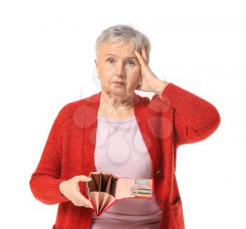 Senior woman with empty wallet on white background�