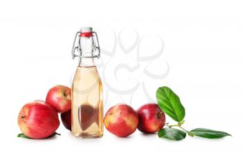 Bottle of apple cider vinegar on white background�