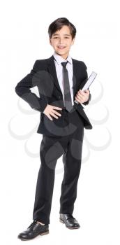 Little lawyer with book on white background�