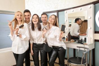 Young people during professional courses in hairdresser's salon�