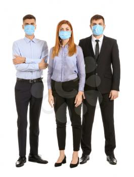 Business people with protective masks on white background. Concept of epidemic�
