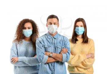 Group of people with protective masks on white background. Concept of epidemic�