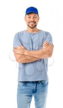 Male truck driver on white background�