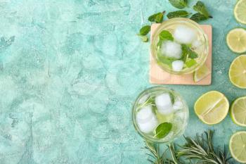 Glasses of fresh lime lemonade on table�