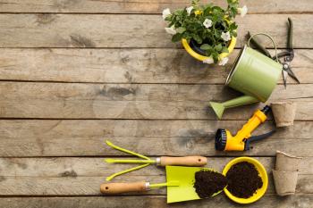 Gardening tools on wooden background�