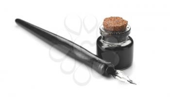 Nib pen and inkwell on white background�