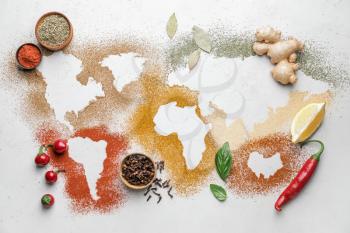 World map made of different spices on light background�