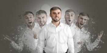 Different emotions of young man on grey background�