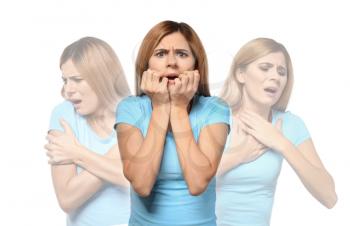 Woman having panic attack on white background�